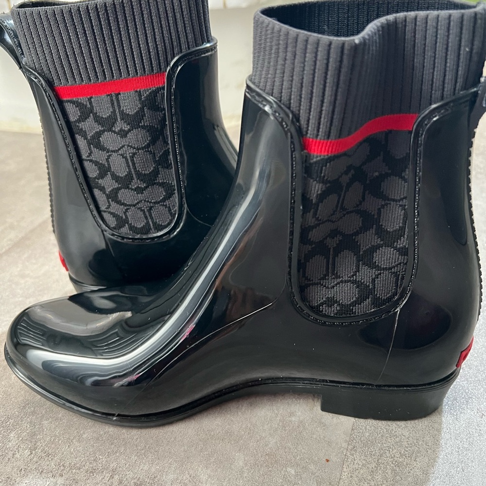 Coach Black Glossy Ankle Boots with Red Detail